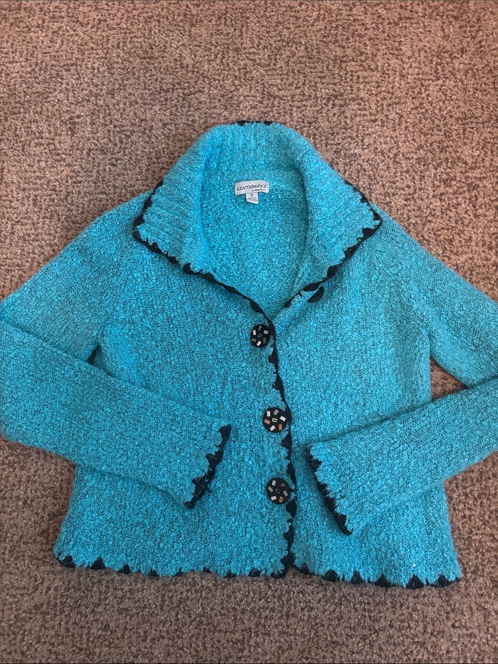 Turquoise Bouclé Cardigan with Contrast Trim Small
